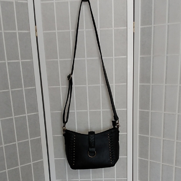 Black Faux Leather Studded Crossbody Bag With Braided Detail Adjustable Strap - Picture 10 of 16
